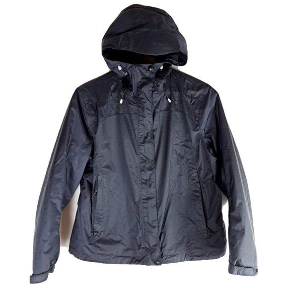 Womens LL Bean Windbreaker Jacket Water Resistant Hooded Lined Black Hiking L P - Picture 1 of 7